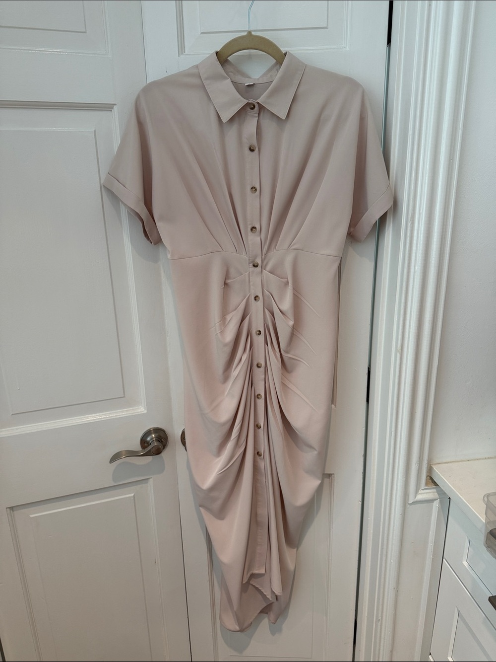 Ruched Button-Front Midi Dress in Soft Blush Pink